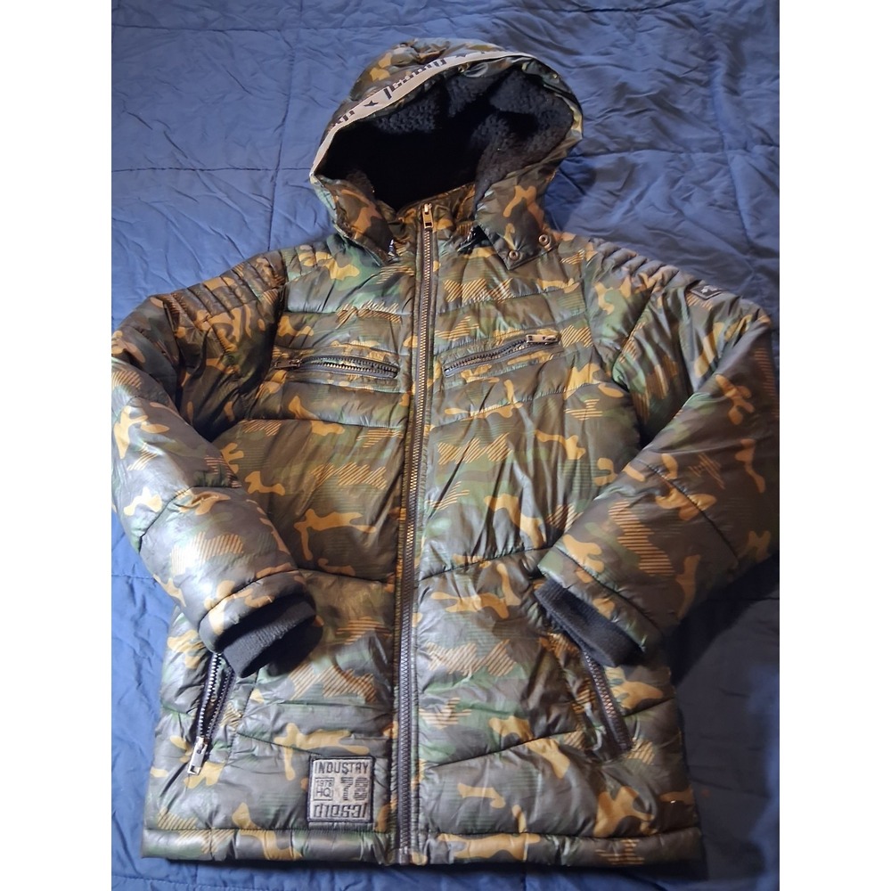 Diesel Jacket Womens 12 Green Camo Sherpa Lined Puffer Coat Logo Hooded Full Zip